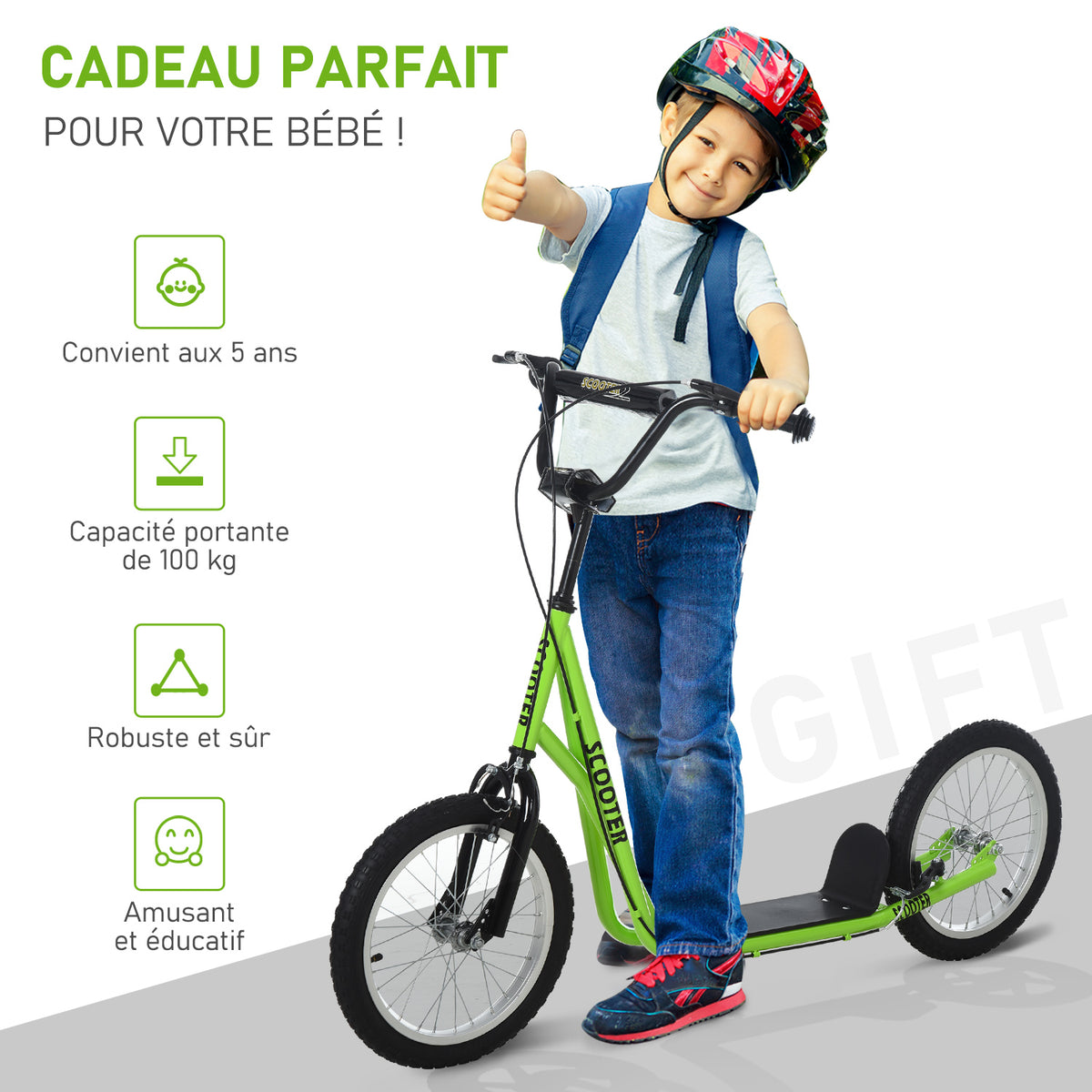 Trottinette patinette pour Enfants à partir de 5 Ans Grands pneus Guidon réglable poignée Frein et béquille Acier Vert