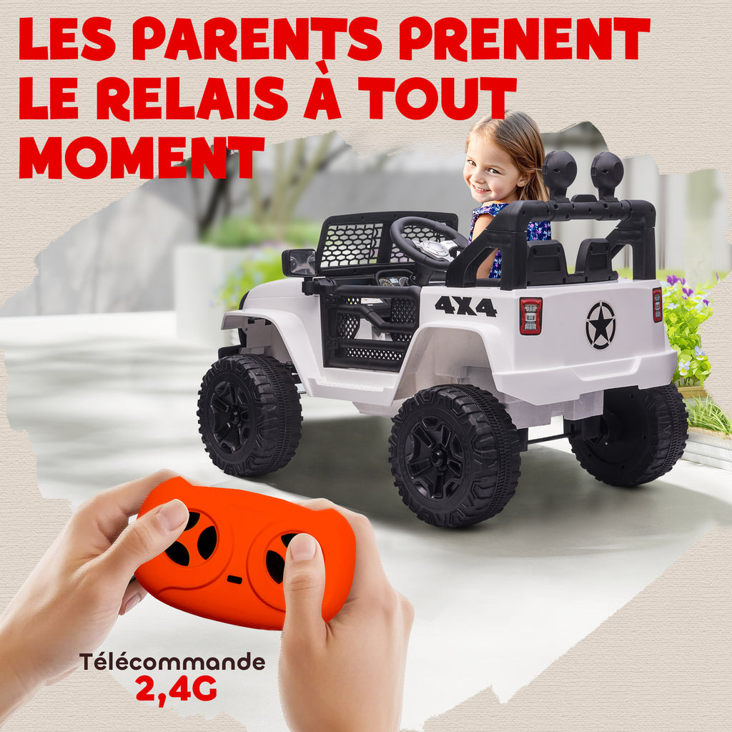 Voiture électrique Enfant Propulsion arrière 12 V 5 Km/h Max. télécommande Incluse Effets Lumineux sonores dim. 100L x 65l x 72H cm Blanc