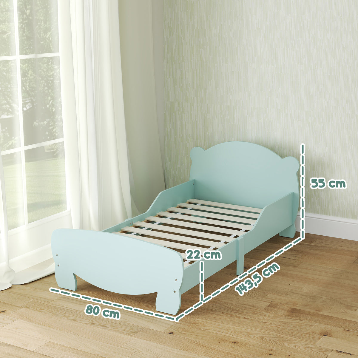 Lit enfant 70x140 cm avec barrières de sécurité thème d'ours pour garçons, filles, âgés de 3 à 6 ans, vert