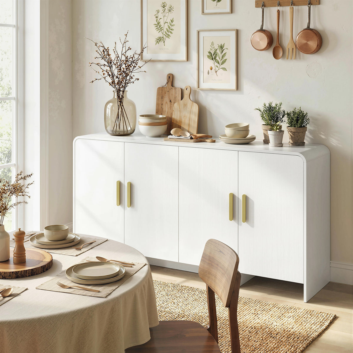 Buffet de Cuisine avec 4 Étageres 4 Portes à Fermeture Douce Meuble TV pour 183 cm 152x40x80 cm Blanc