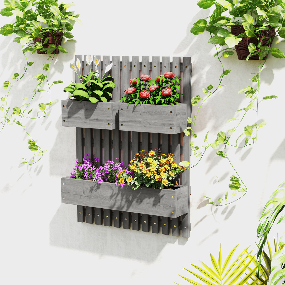 Jardinière murale potager avec 3 bacs en bois massif amovibles, tissu non tissé, 60 x 16 x 80 cm gris