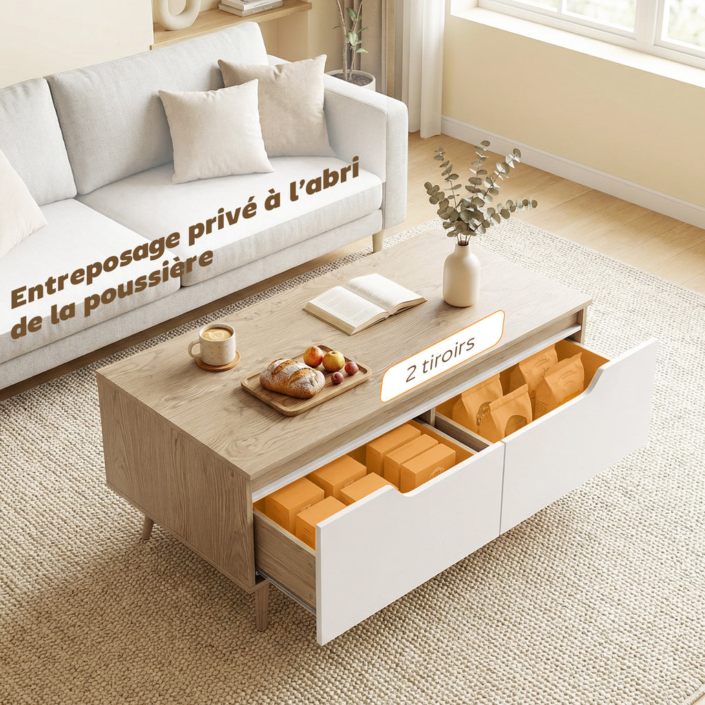 Table basse rectangulaire, table de salon moderne avec 2 tiroirs, 5 pieds en bois de pin, 100x50x46cm, chêne et blanc