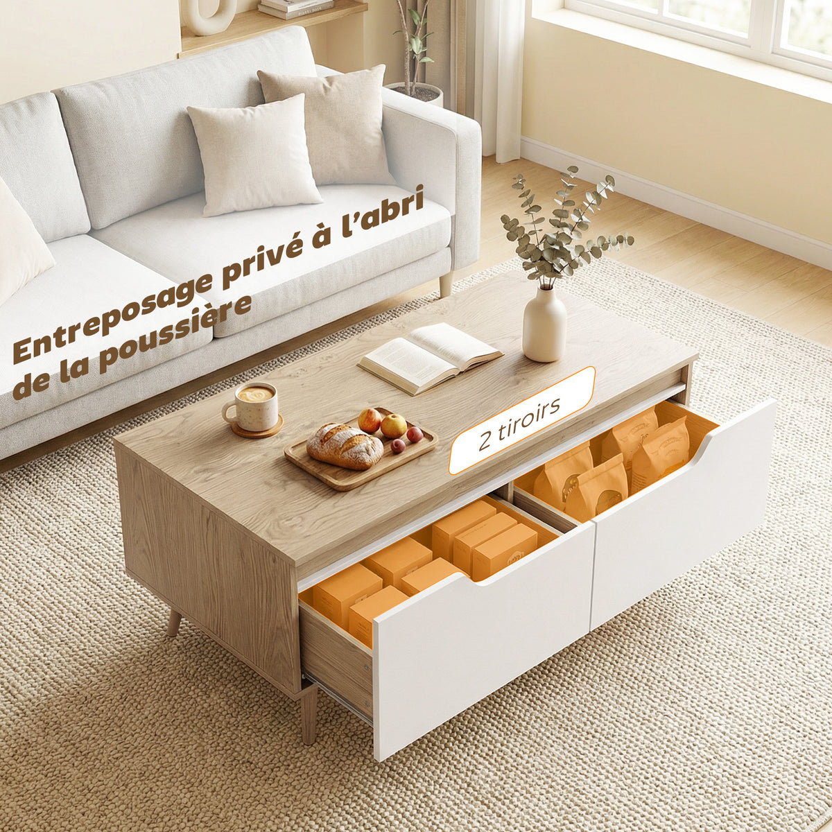 Table basse rectangulaire, table de salon moderne avec 2 tiroirs, 5 pieds en bois de pin, 100x50x46cm, chêne et blanc