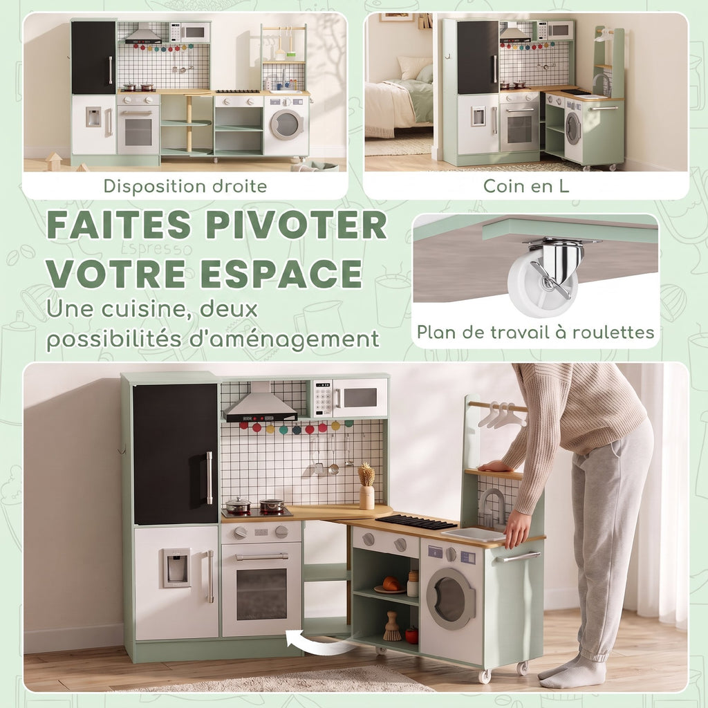 Cuisine Enfant Jouet d'Imitation, Micro-Ondes, Four, Plateau Rotatif sur Roulettes, 160x32x97,5cm, Vert Clair
