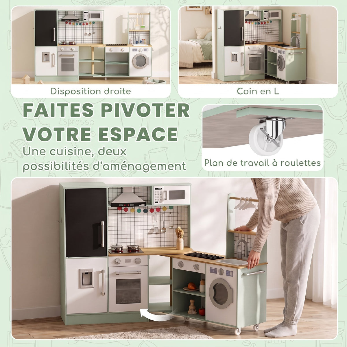 Cuisine Enfant Jouet d'Imitation, Micro-Ondes, Four, Plateau Rotatif sur Roulettes, 160x32x97,5cm, Vert Clair
