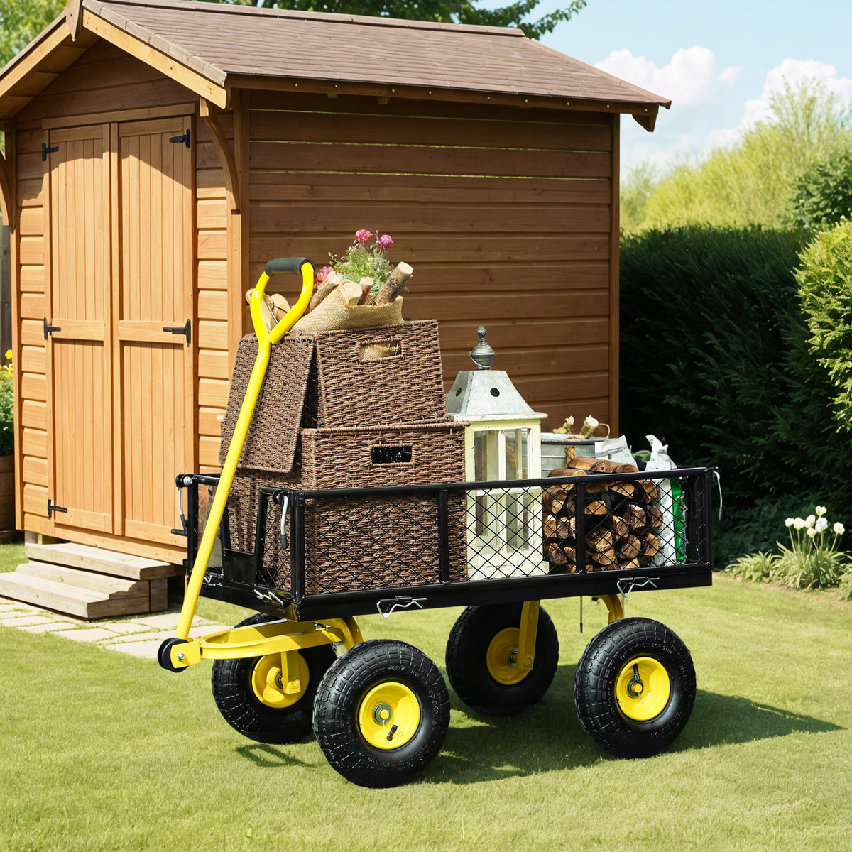 Chariot de jardin chariot de transport 4 roues côtés amovibles transformable en plateau 104 x 54 x 51 cm noir et jaune