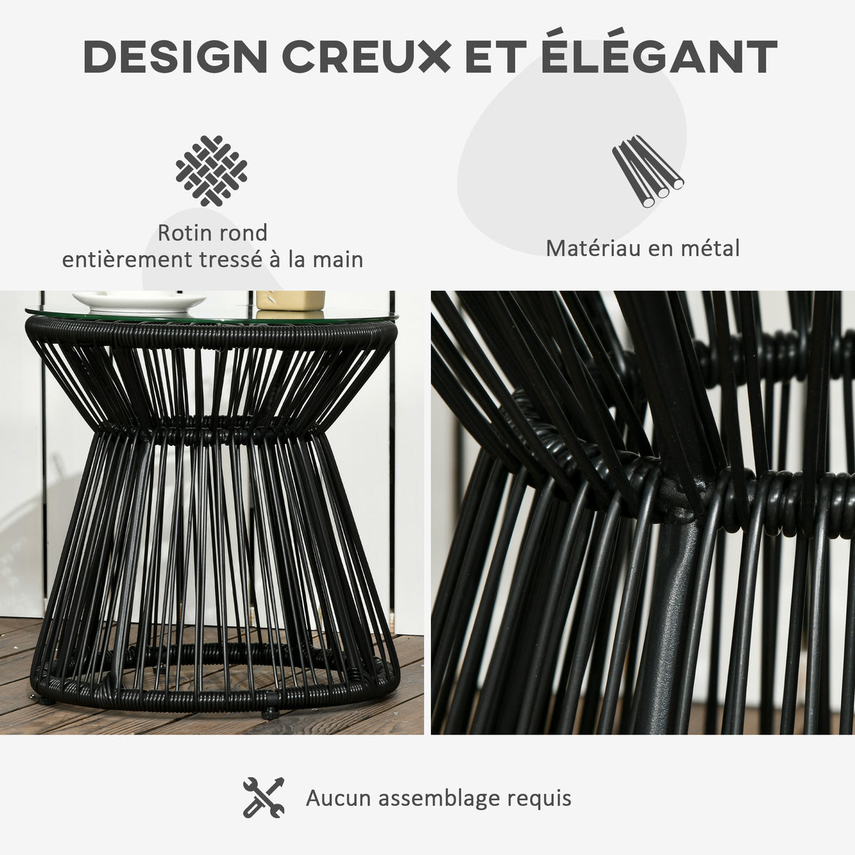 Table de jardin ronde en résine tressée imitation rotin table de bistrot métal plateau verre trempé Ø 40 x 42 cm noir