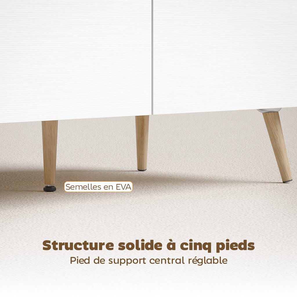 Table basse rectangulaire, table de salon moderne avec 2 tiroirs, 5 pieds en bois de pin, 100x50x46cm, chêne et blanc