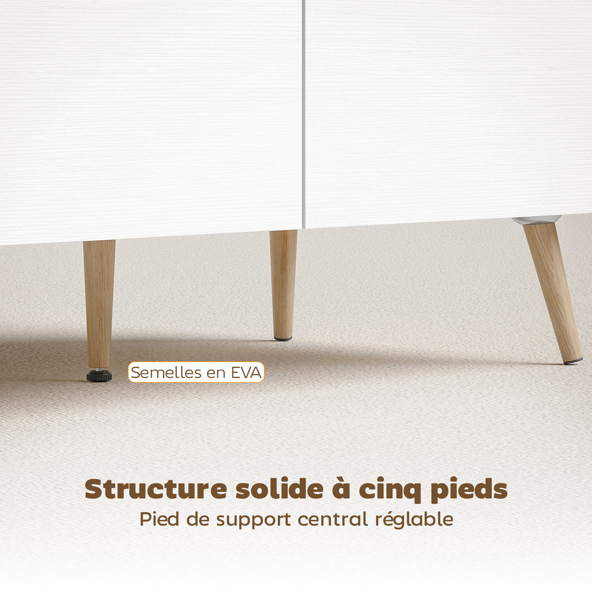 Table basse rectangulaire, table de salon moderne avec 2 tiroirs, 5 pieds en bois de pin, 100x50x46cm, chêne et blanc