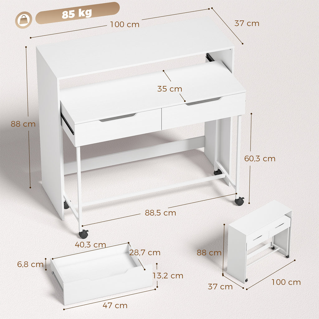 Bureau d'Ordinateur Extensible 100 cm avec 2 Tiroirs, Bureau avec Rangement, Style Moderne, Blanc