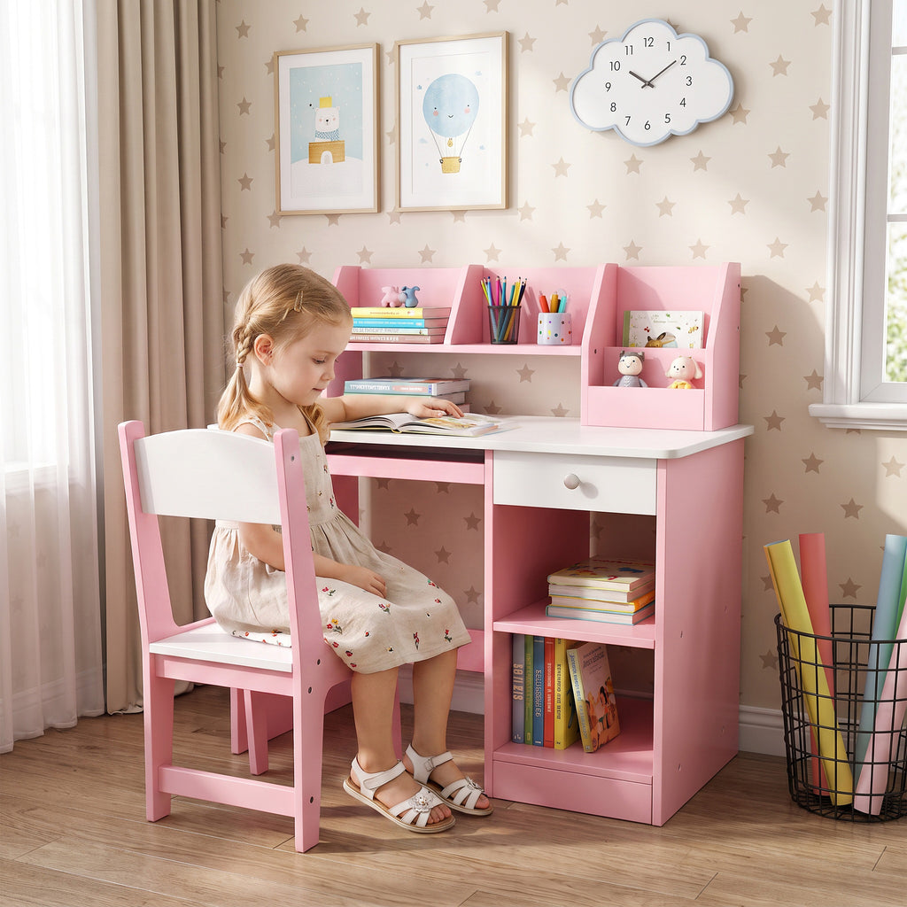 Bureau enfant avec chaise ergonomique avec clavier coulissant tiroir niches et étagères ouvertes 90 x 45 x 90 cm rose