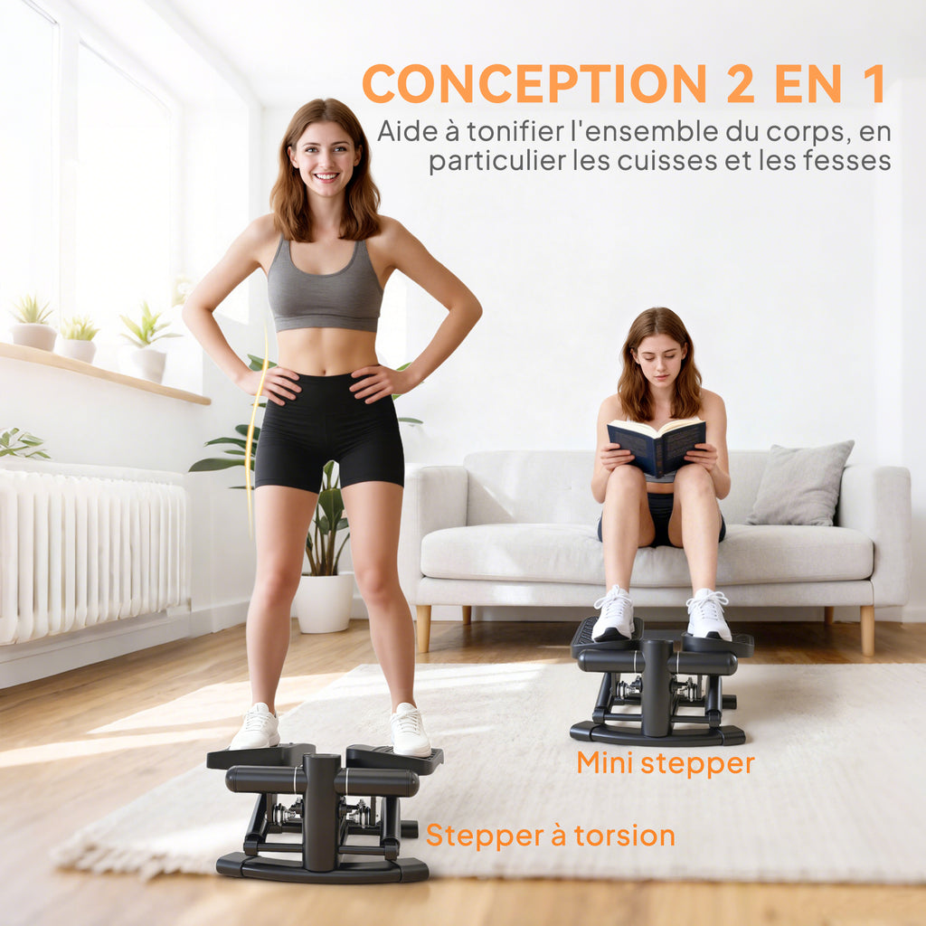 Mini stepper fitness disque de torsion de la taille 2 en 1 écran LCD, hauteur réglable, 100 kg, 42 x 34 x 22 cm, noir