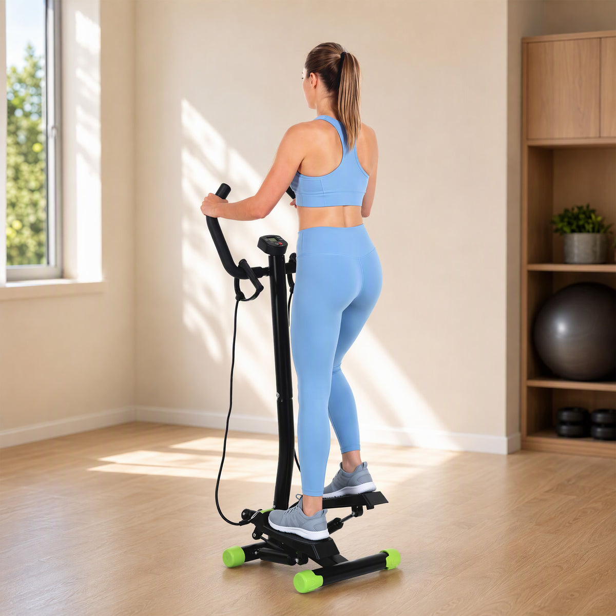 Stepper avec guidon, stepper de fitness avec écran LCD, pédales antidérapantes, marche d'escalier pour maison, bureau, salon, salle de sport, vert et noir