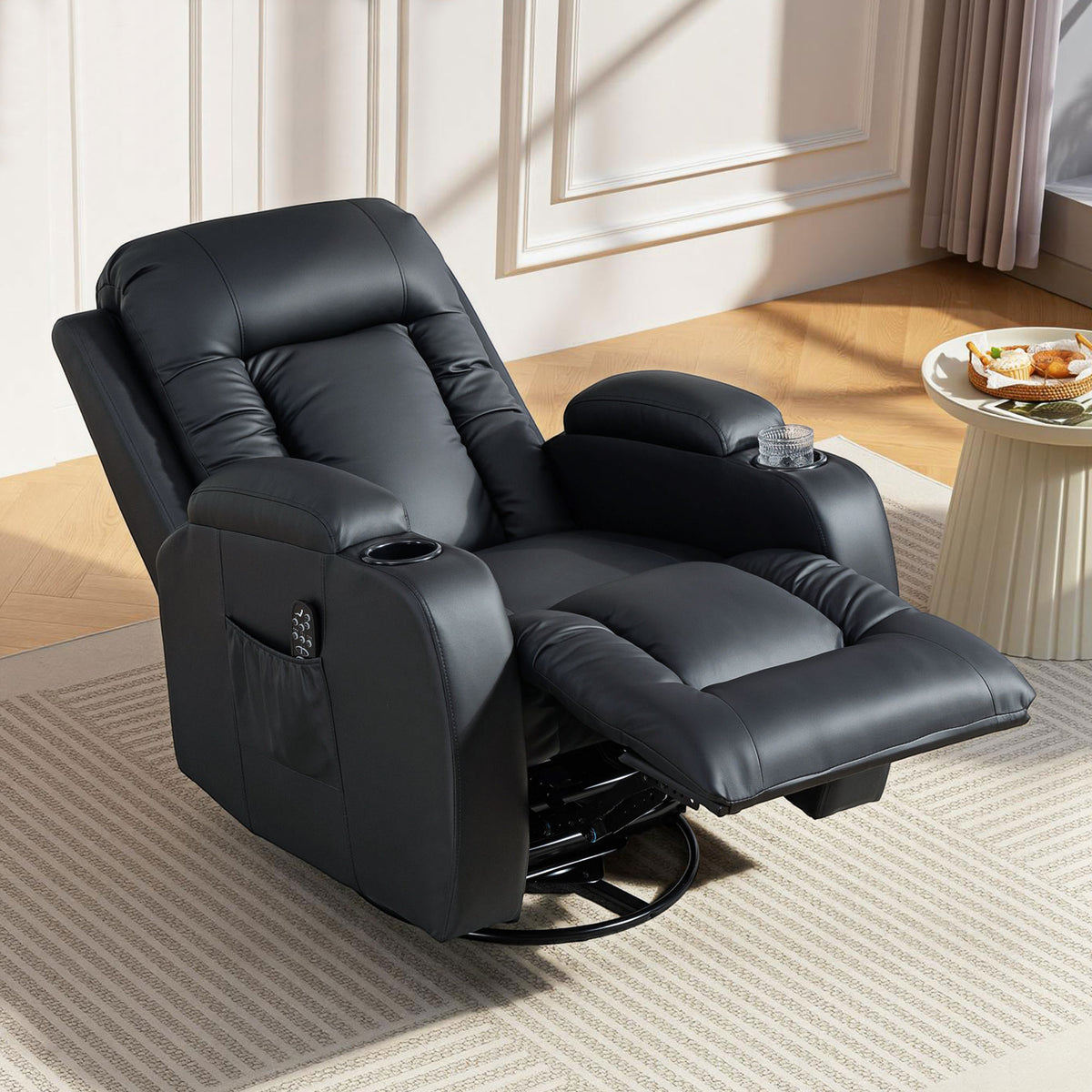 Fauteuil inclinable de massage et chauffage, fauteuil de relaxation, dossier réglable, pivotant 360°, 82x99x103cm, noir