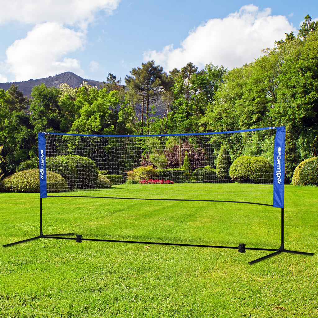 Filet de badminton, filet portable, hauteur ajustable 107-155 cm, avec sac de transport, cadre métallique, noir, bleu