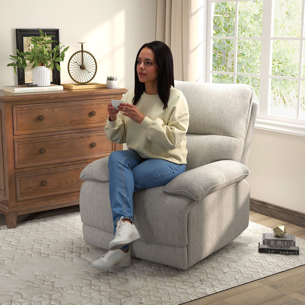 Fauteuil de relaxation inclinable manuellement avec repose-pied ajustable tissu aspect lin gris clair