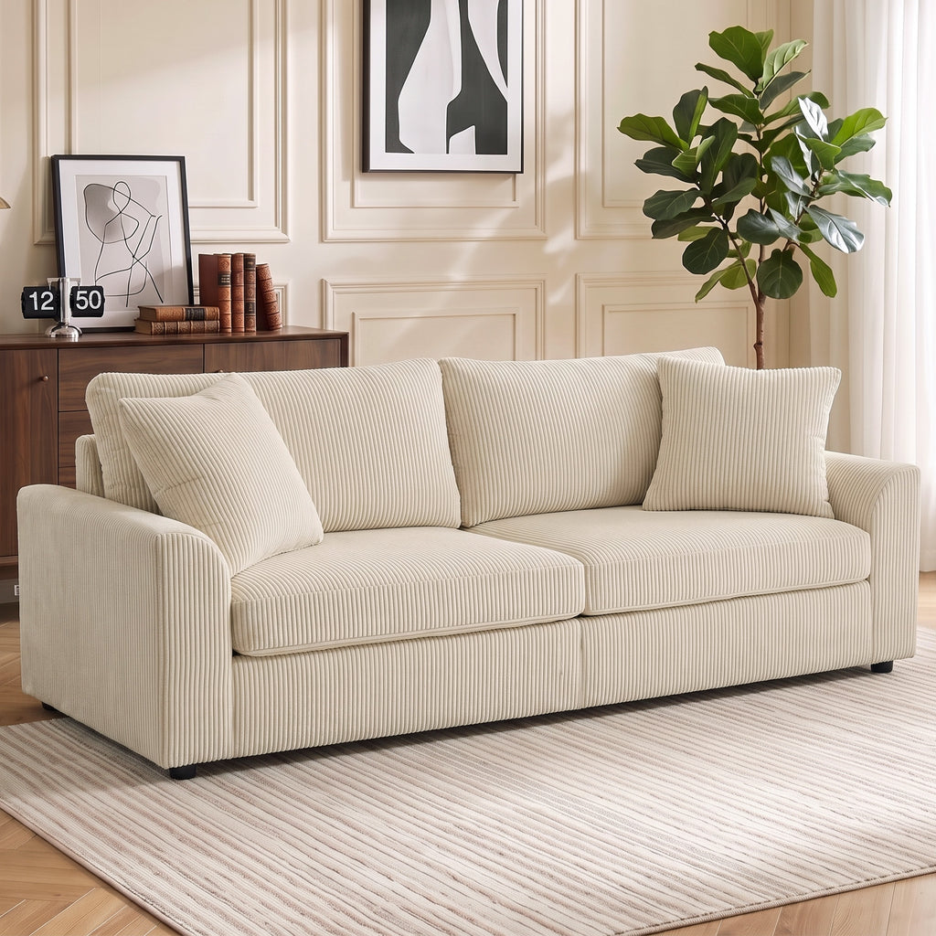 Canapé 3 places 212 cm avec 2 coussins à ressorts, tissu velours côtelé, pour salon, chambre, bureau à domicile, crème