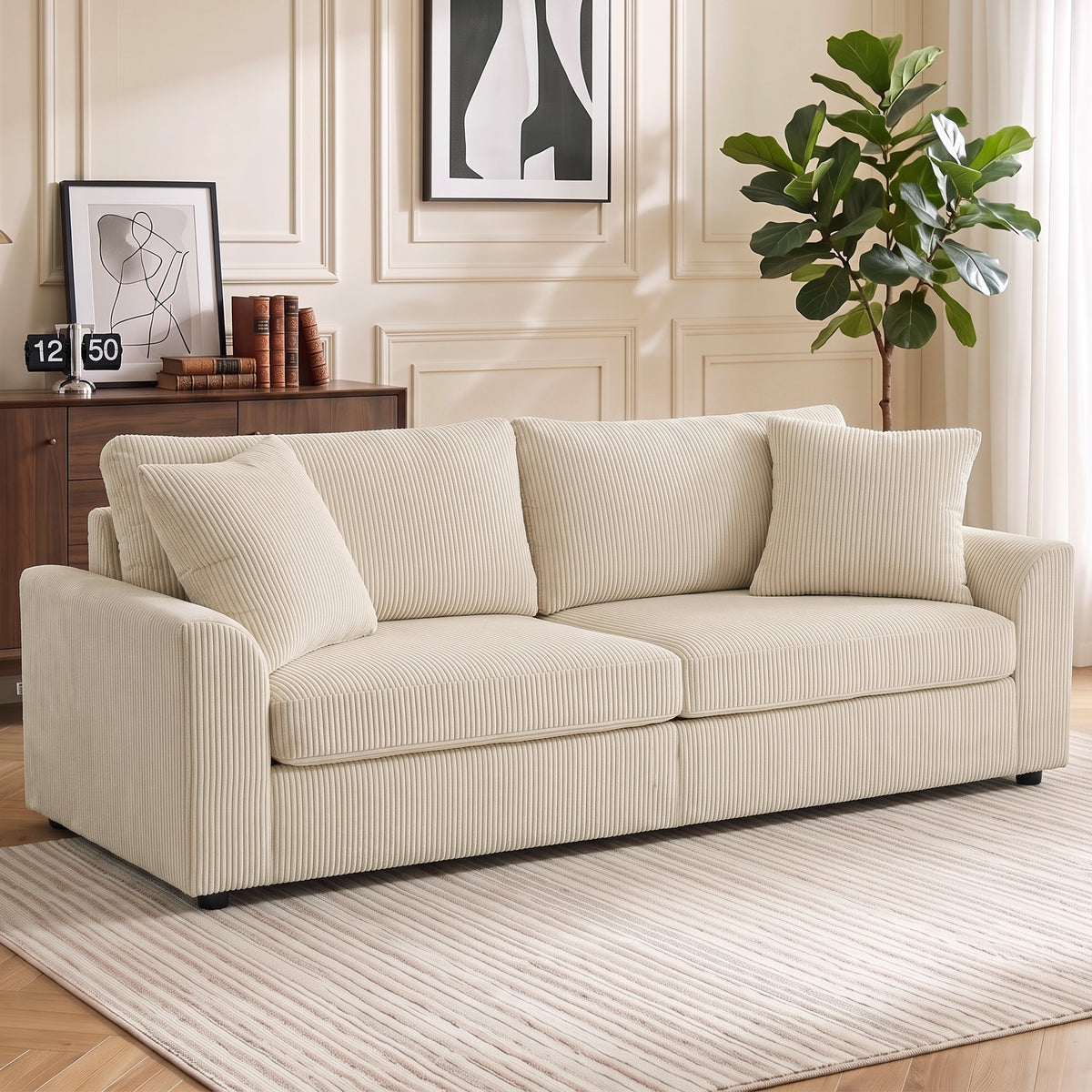 Canapé 3 places 212 cm avec 2 coussins à ressorts, tissu velours côtelé, pour salon, chambre, bureau à domicile, crème