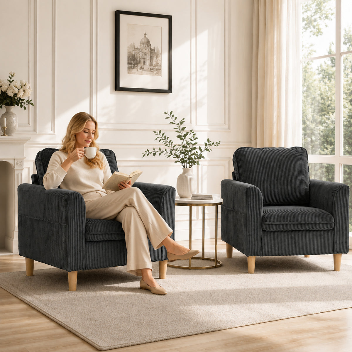 Fauteuil de salon en velours côtelé, canapé 1 place rembourré, assise large, coussin à ressorts, 83x74x87cm, Gris Foncé
