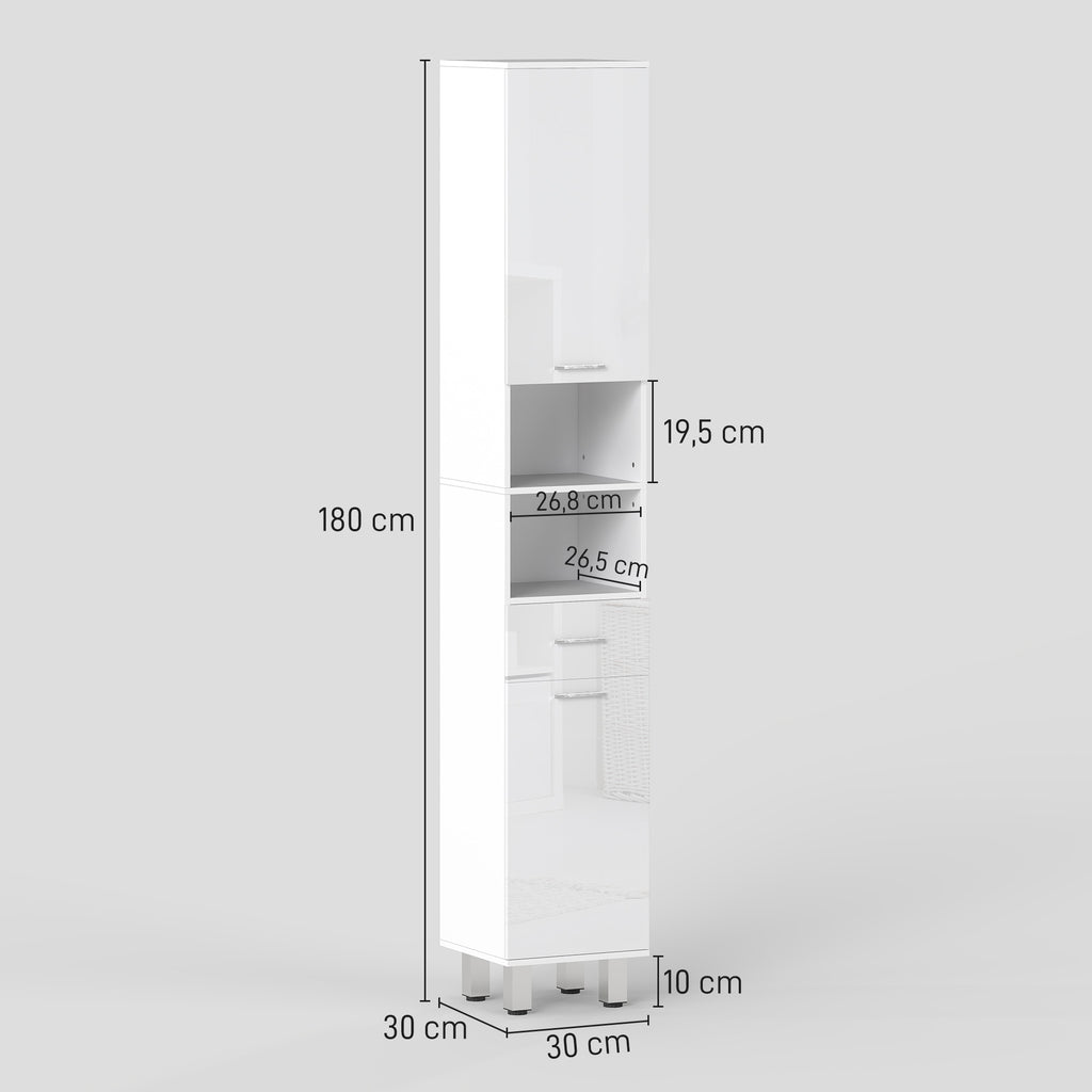 Meuble colonne salle de bain avec étagères réglables et compartiments ouverts, 30x30x180cm, blanc brillant