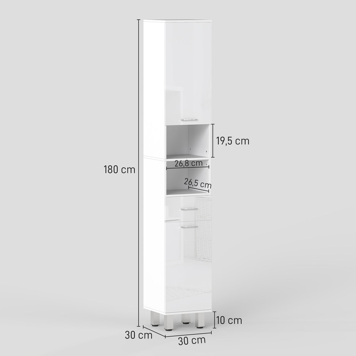 Meuble colonne salle de bain avec étagères réglables et compartiments ouverts, 30x30x180cm, blanc brillant