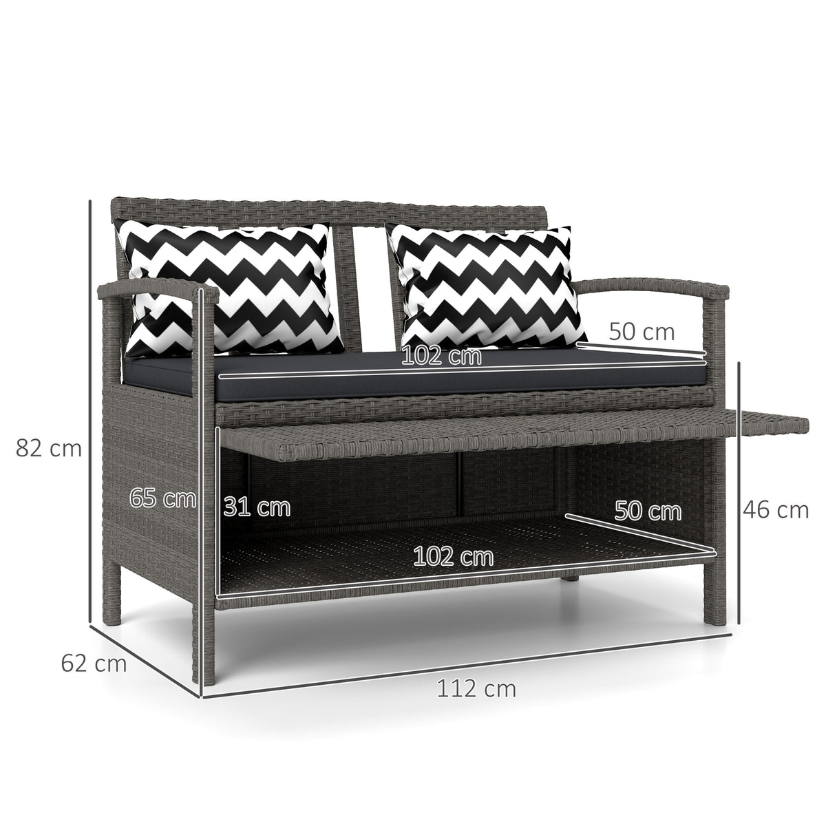 Banc extérieur jardin 2 places banc de rangement 160L en rotin PE avec coussin 2 oreillers 112 x 62 x 82 cm gris
