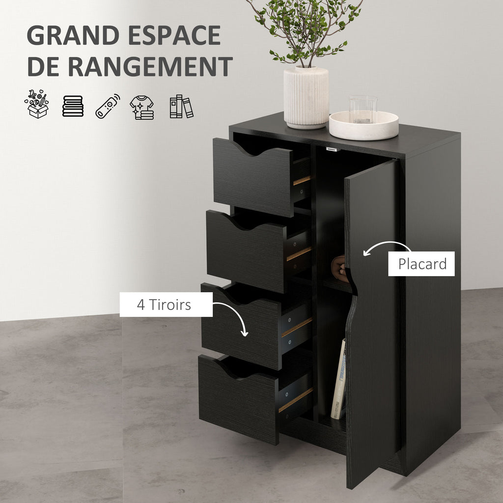 Meuble de rangement buffet commode 1 placard et 4 tiroirs, en bois, pour salon, cuisine, entrée, salle à manger, noir