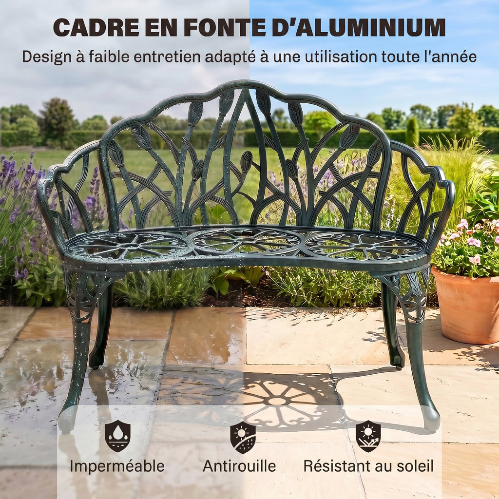 Banc de jardin en aluminium moulé, banc extérieur 2 places avec dossier tulipe, assise florale, 99x57x78cm, vert antique