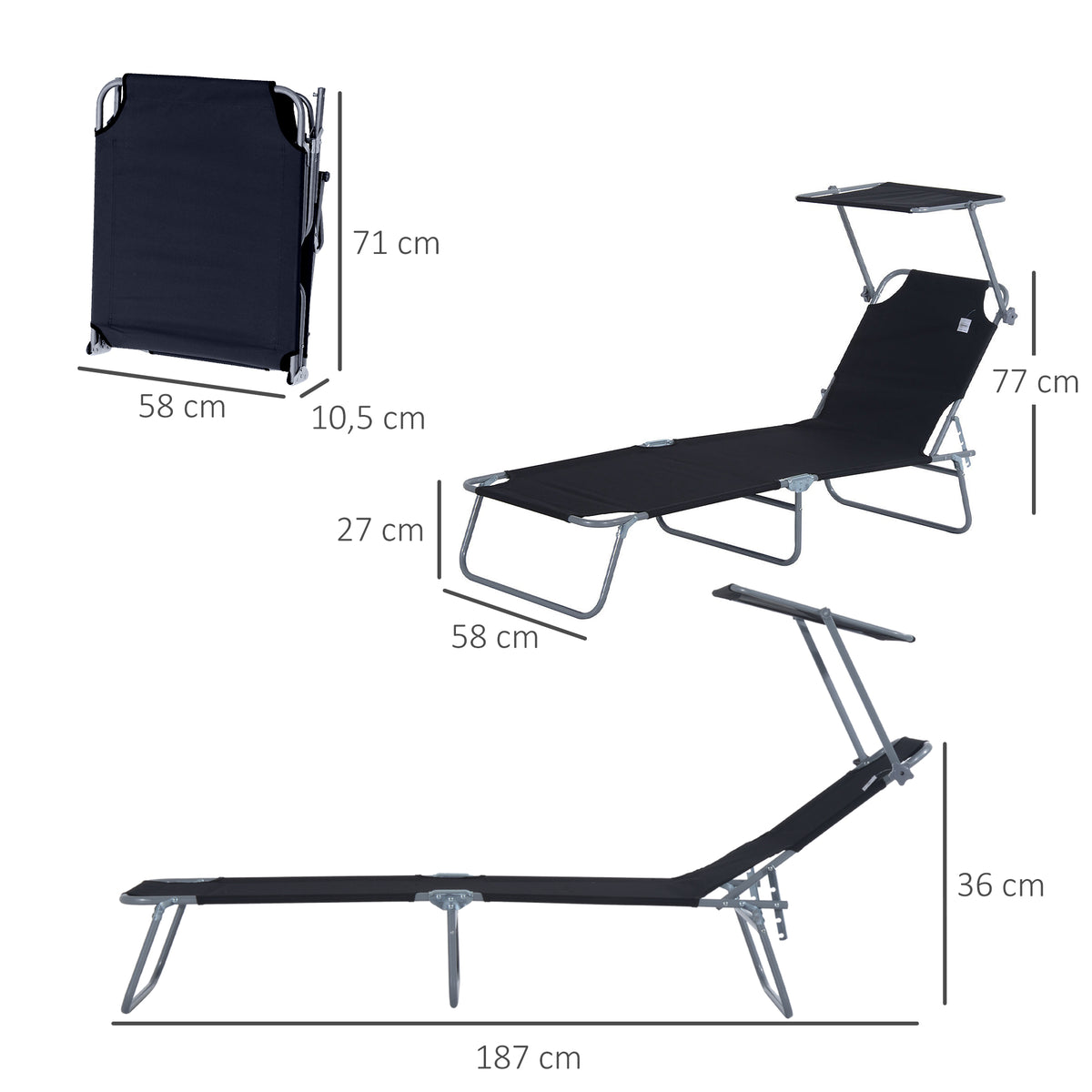 Lot de 2 transats Bain de Soleil Pliable Chaise Longue Pliante Grand Confort Dossier Inclinable Pare-Soleil réglable