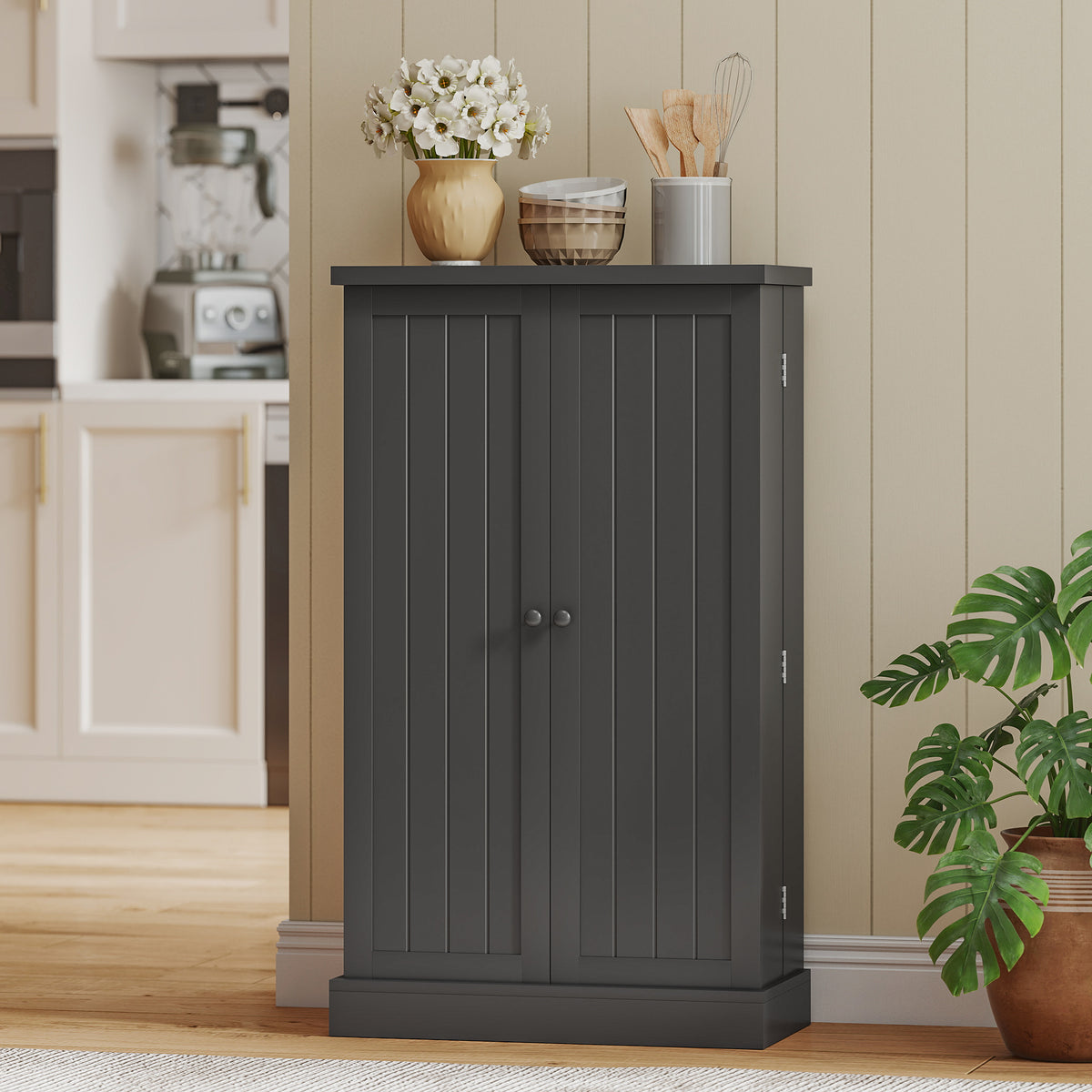 Armoire de Cuisine, Buffet Cuisine, avec 2 Portes, 12 Porte-Racks, 5 Compartiments et Étagères Réglables, Noir