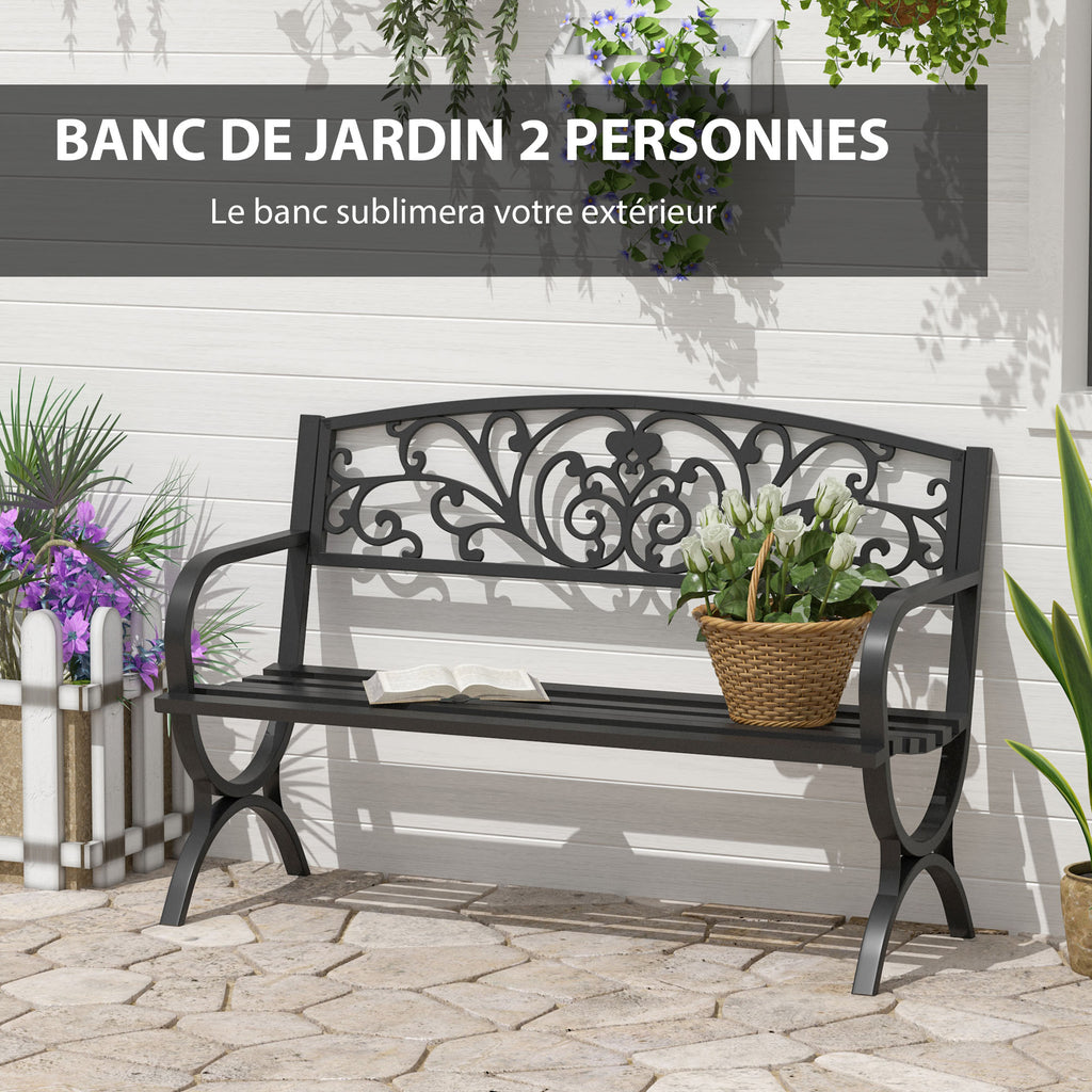 Banc de jardin terrasse en acier fonte noir 3 places 127 x 60 x 85 cm charge max 240 Kg