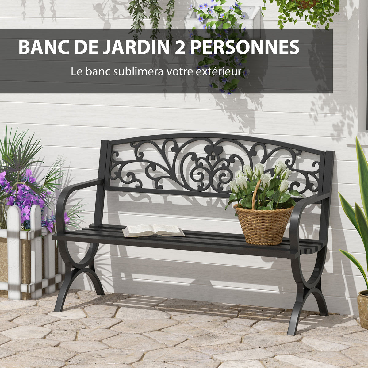 Banc de jardin terrasse en acier fonte noir 3 places 127 x 60 x 85 cm charge max 240 Kg