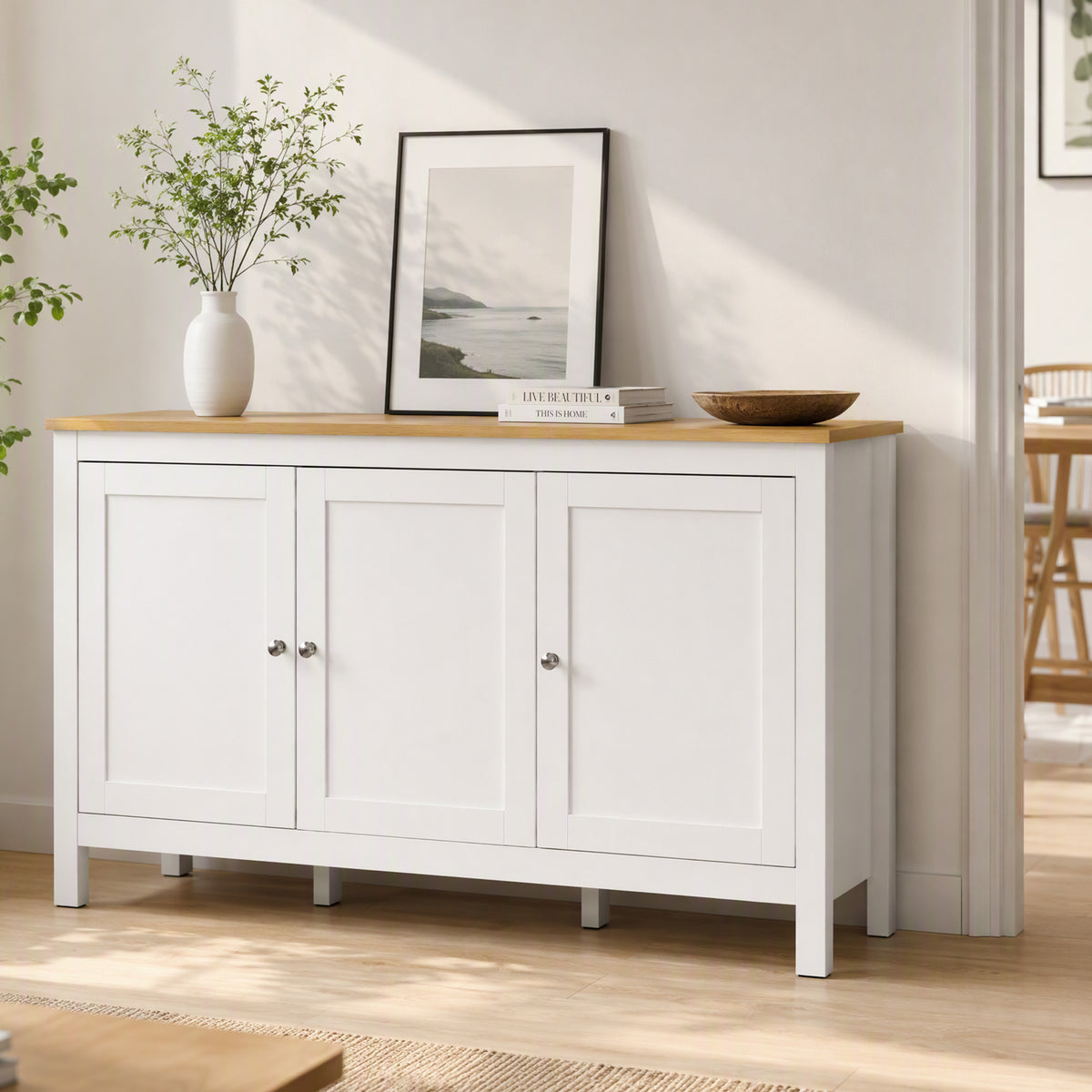 Buffet meuble de rangement avec 3 portes 2 étagères réglables plateau aspect bois clair 120 x 40 x 70 cm blanc