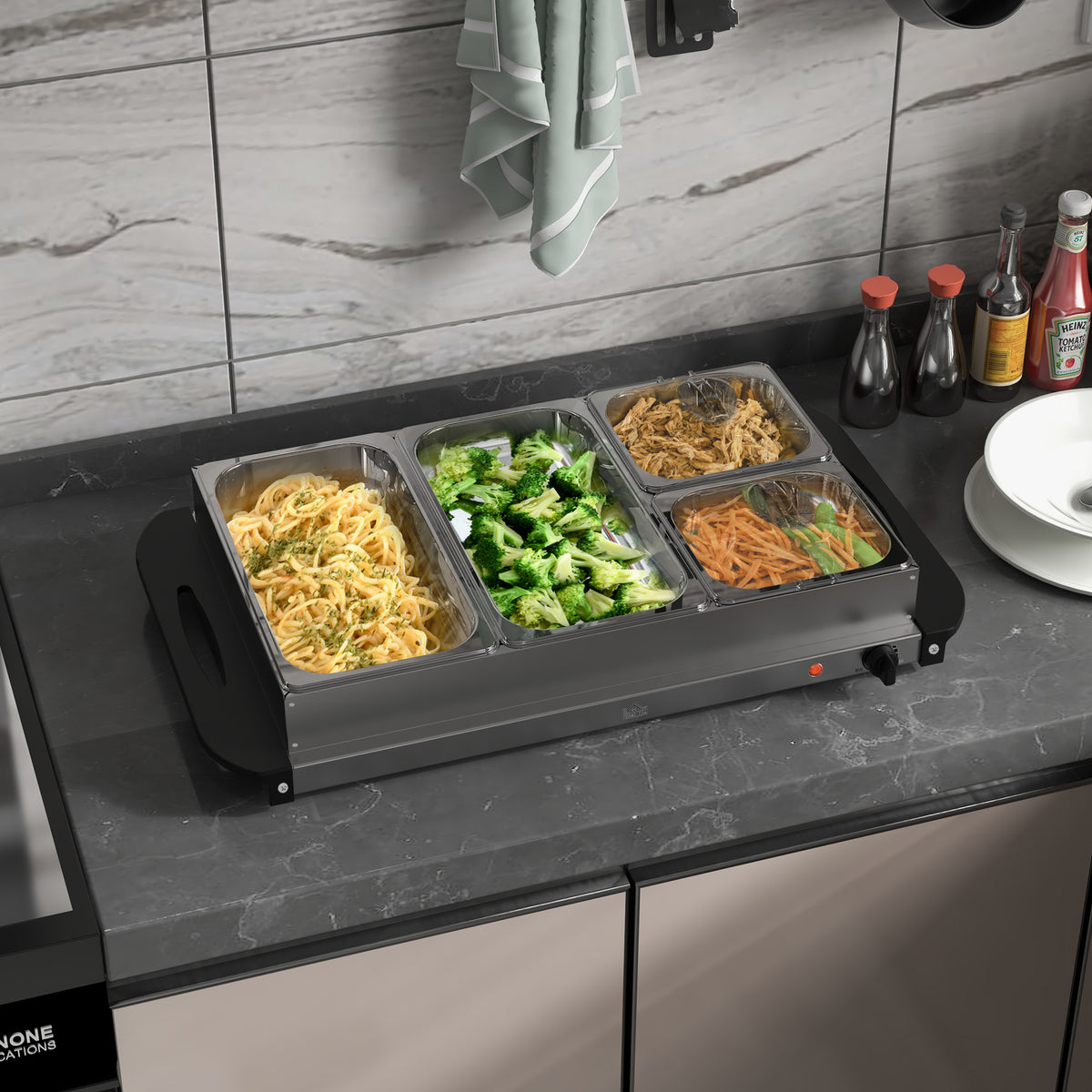 Chauffe-plats électrique acier inoxydable 300 W capacité 2 x 2,4 L et 2 x 1 L plaque chauffante et températur réglable