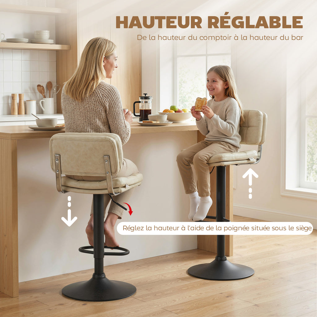 Lot de 2 tabourets de bar Vintage capitonné - pivotant, réglable - repose-pied - revêtement synthétique crème
