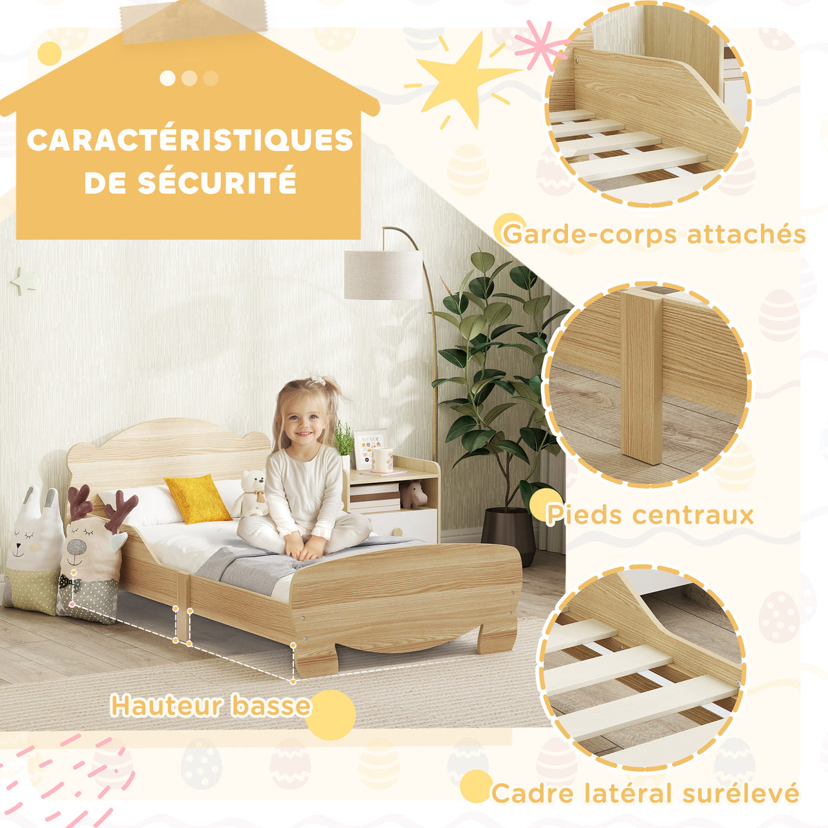 Lit enfant 70x140 cm avec barrières de sécurité thème d'ours pour garçons, filles, âgés de 3 à 6 ans, bois naturel