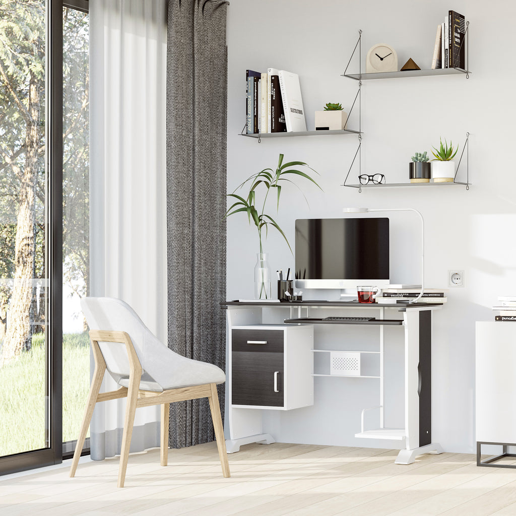 Bureau d'ordinateur, 100 x 52 x 75 cm, bureau avec tablette coulissante pour clavier, tiroirs et support d'unité centrale, table informatique pour étudier noyer foncé et blanc