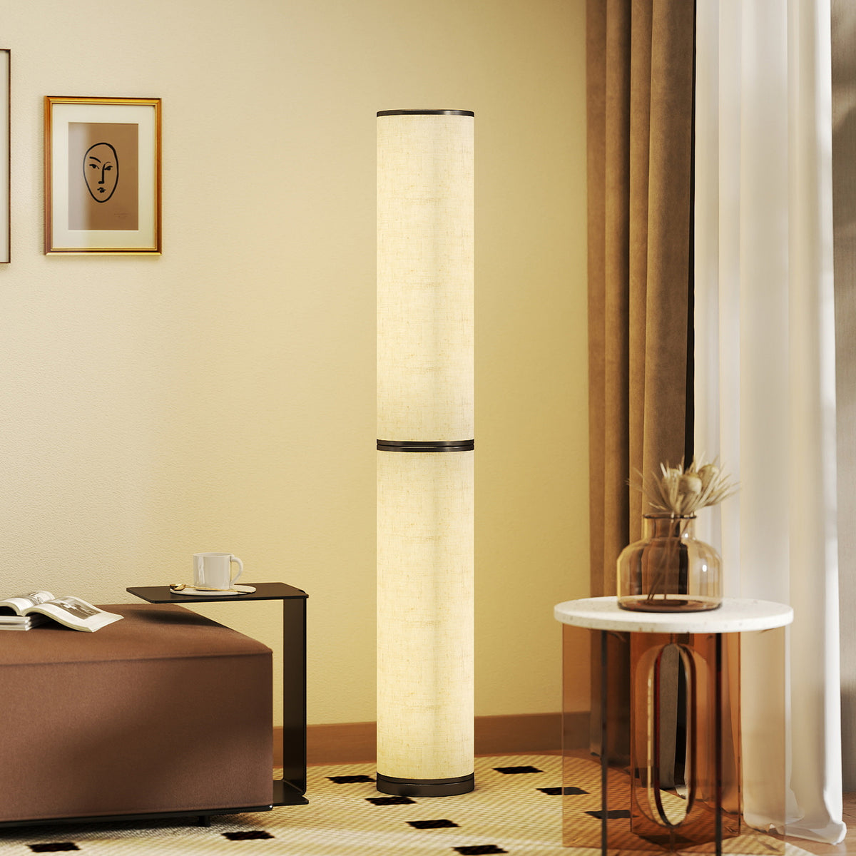 Lampadaire LED, lampadaire sur pied salon à intensité variable, télécommande magnétique, Ø 20 x 135 cm, beige