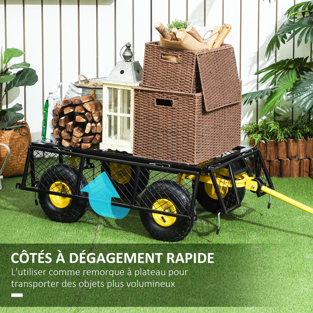 Chariot de jardin chariot de transport 4 roues côtés amovibles transformable en plateau 104 x 54 x 51 cm noir et jaune
