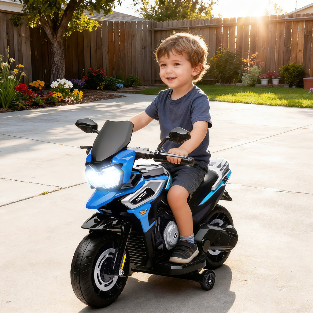 Moto électrique enfants 6 V, voiture électrique enfants avec roues d'entraînement, musique, effets lumineux, bleu