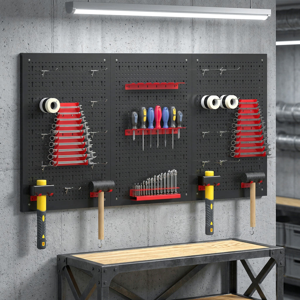 panneau perforé mural 600 x 400 mm, organiseur garage en acier avec 3 panneaux perforés, noir et rouge