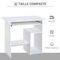 Bureau d'ordinateur, bureau avec rangement, plateau pour clavier et support de moniteur, 80 x 45 x 75 cm, blanc