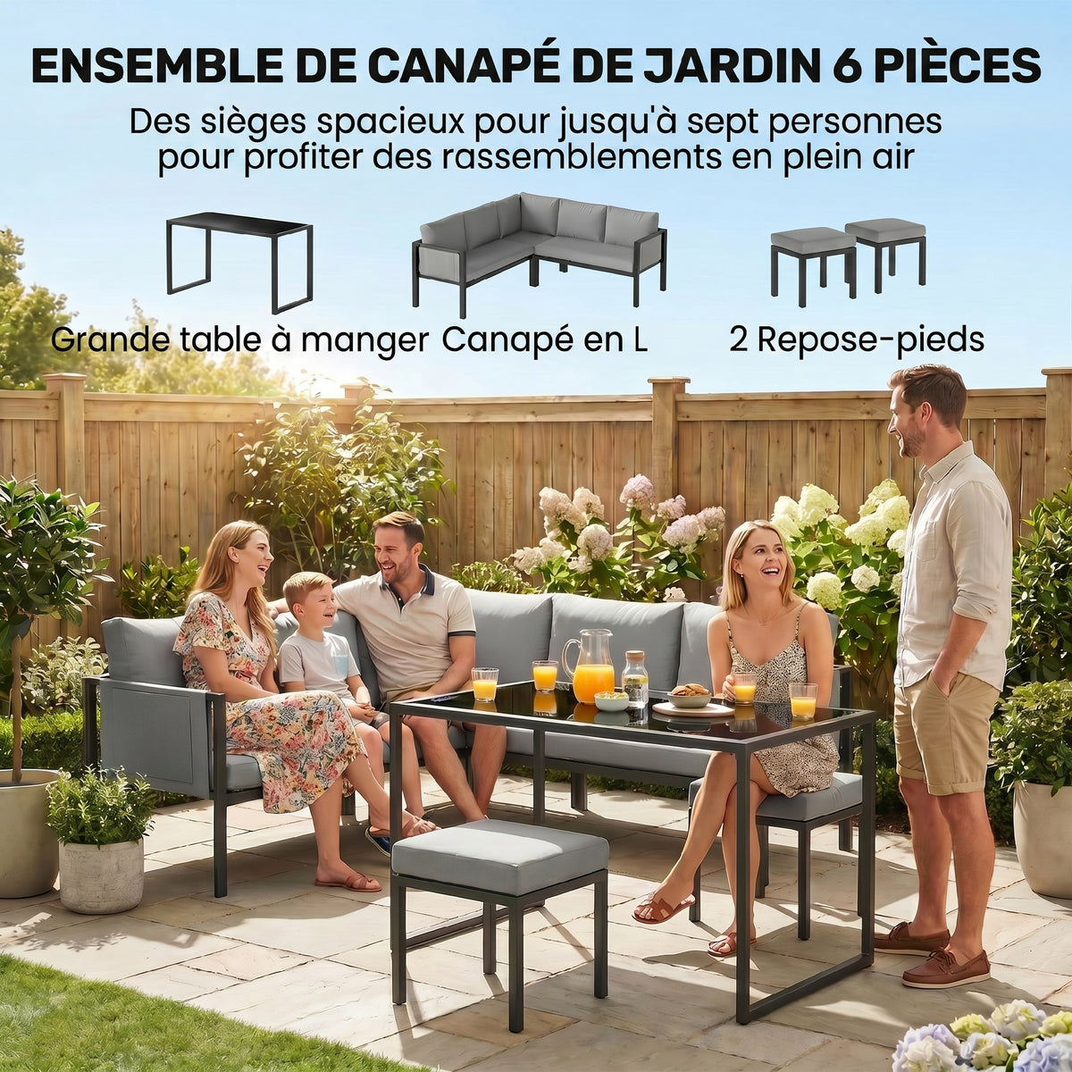 Salon de Jardin Canapé d'Angle Extérieur 6 Pièces Coussins 10cm Table Haute et 2 Repose-pieds Gris