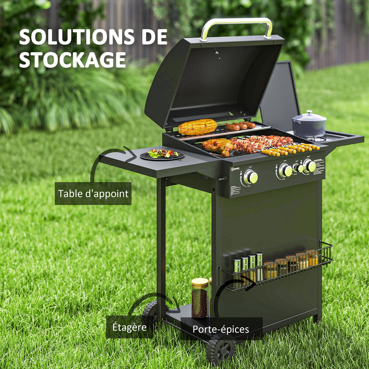 Barbecue gaz 3+1 brûleurs en acier, puissance 9,5 kW, barbecue de jardin 2 grilles étagères latérales, 2 roues, noir