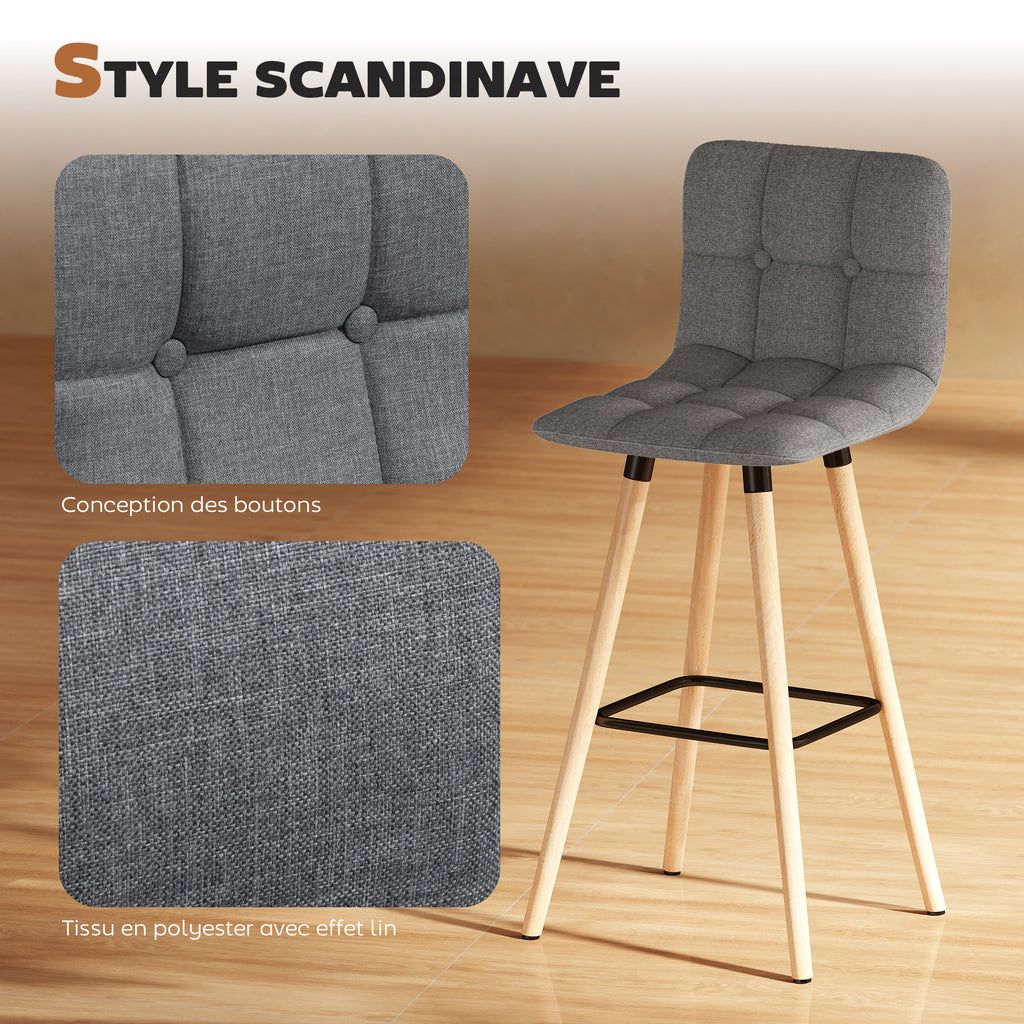 Lot de 2 tabourets de bar, chaises de bar capitonnées avec dossier et repose-pieds, pieds en bois, 41,5x47x97,5cm, gris