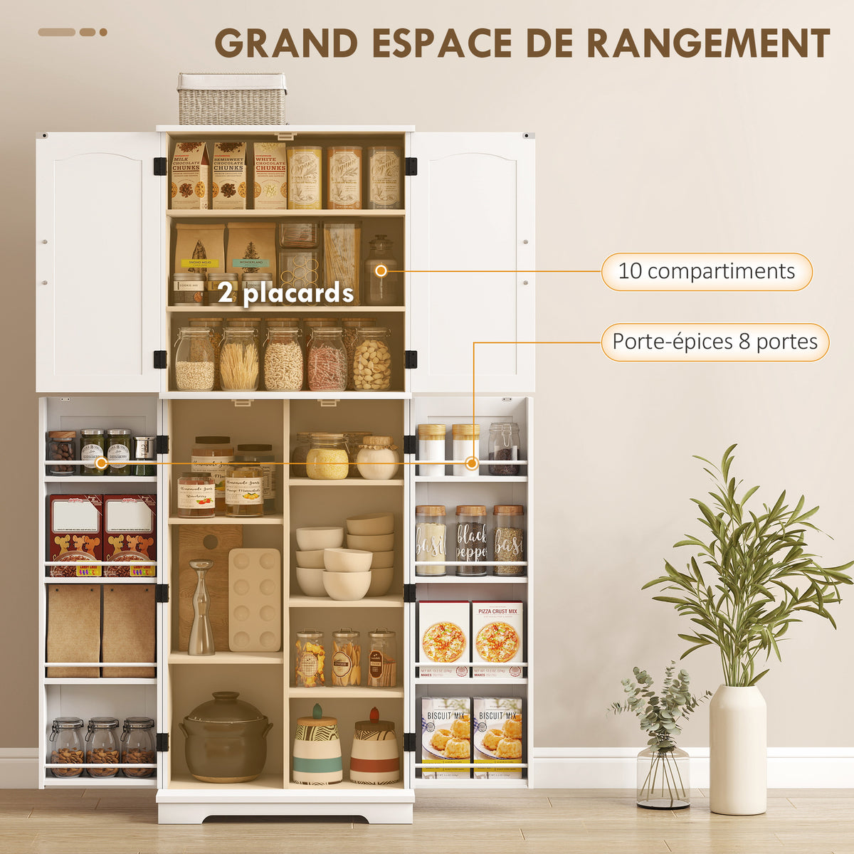 Buffet haut cuisine, armoire de cuisine, 4 portes, 10 niches, 8 porte-épices et étagères réglables, 60x35x162cm, blanc