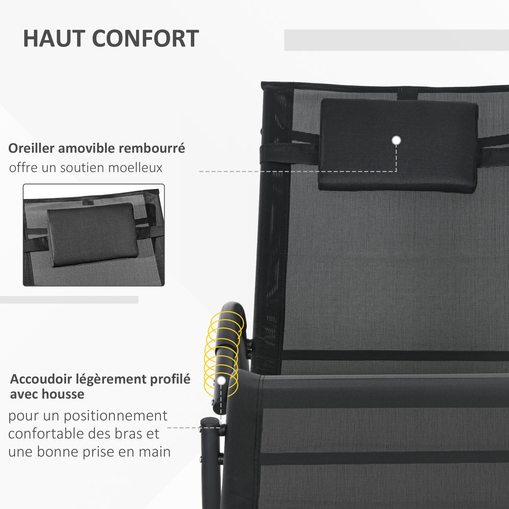 Chaise longue à bascule avec tétière utilisation extérieure intérieure noir