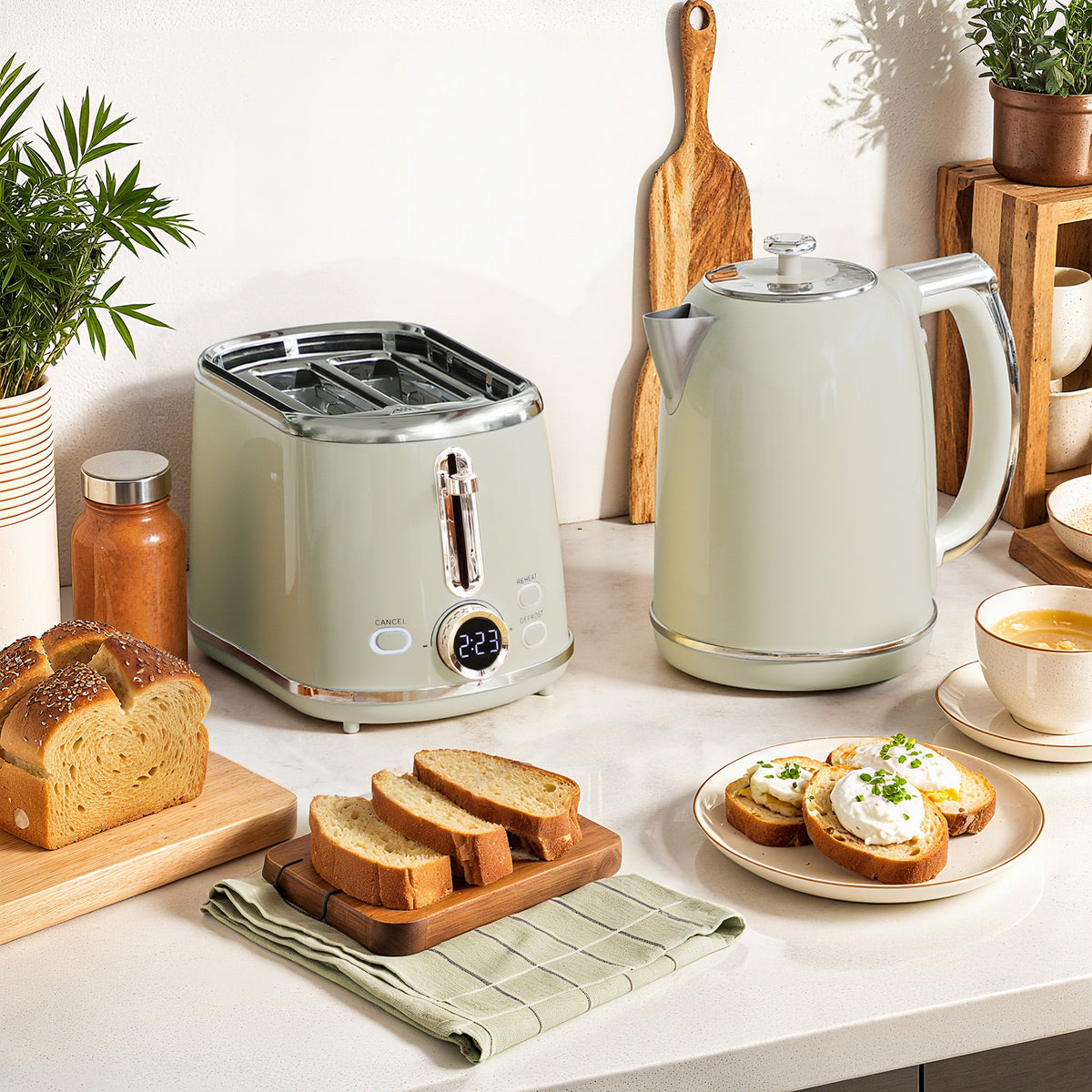 Ensemble bouilloire et grille-pain, bouilloire en acier inoxydable 1,7 L et 2200 W et grille-pain à 2 tranches, gris