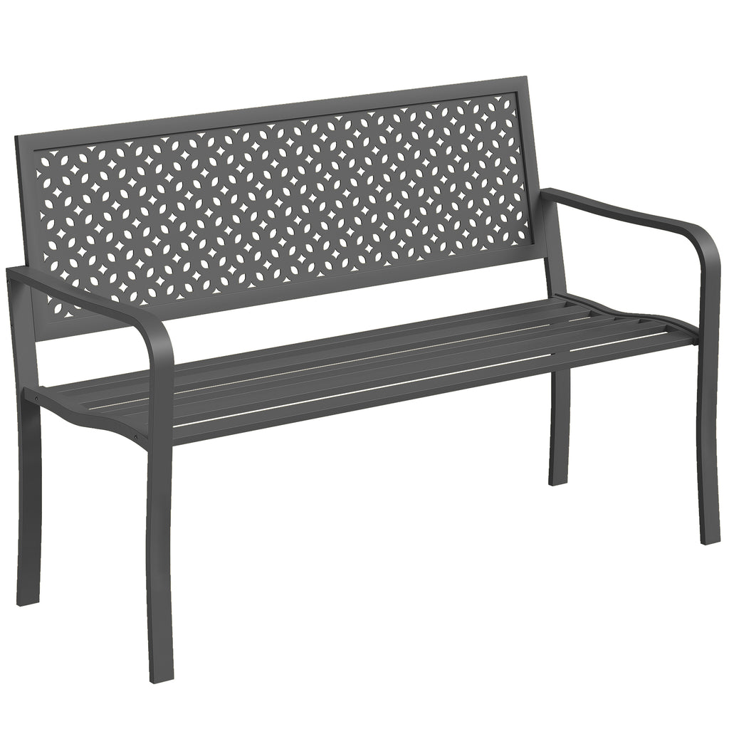 Banc d'extérieur en métal, 2 places, avec dossier géométrique antirouille et accoudoirs, gris foncé
