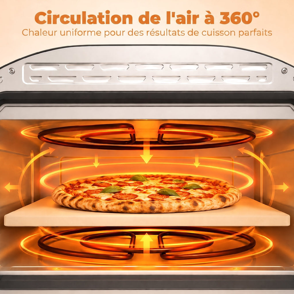 Four à Pizza Électrique d'Intérieur 2200 W jusqu'à 430°C, Pierre en Céramique Ø30,5 cm, Minuteur 60 min, Noir